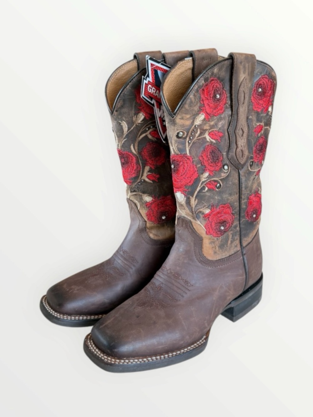 WOMENS COWGIRL cowboy square toe brown leather rose embroidered BOOTS Sz 5